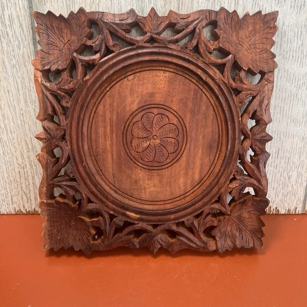 Vintage Teak Hand Carved Wooden Trivet/ Hot Plate Made in India